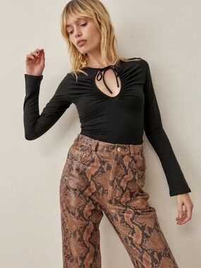 Reformation Black Keyhole Tie Long Sleeve Top